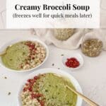 White bowls of broccoli soup.