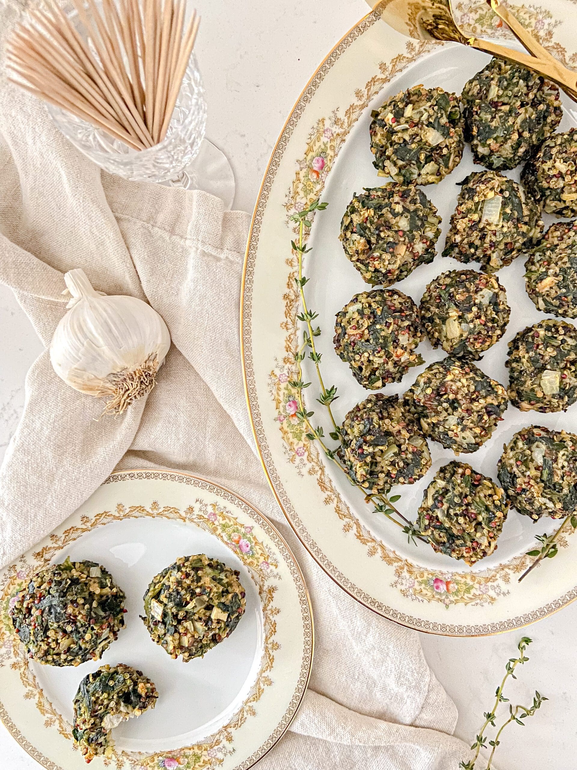 Spinach ball appetizers on a platter.