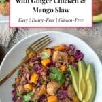 A cauliflower rice bowl with chicken, mango, and purple cabbage.