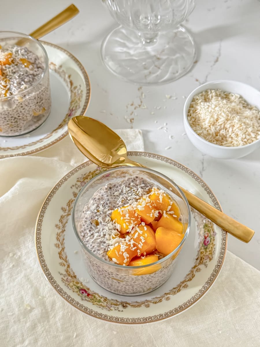 A small bowl of chia pudding with cubed mango sprinkled with shredded coconut.