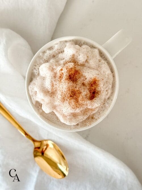 A foamy latte with cinnamon dusted on top.