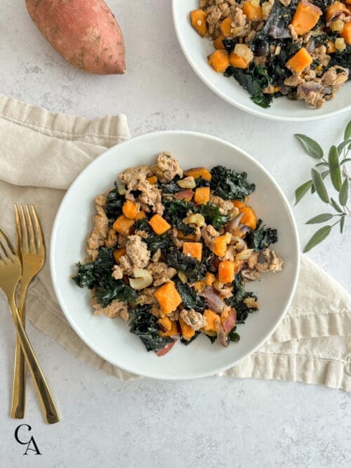 Ground turkey bowls on a light counter.