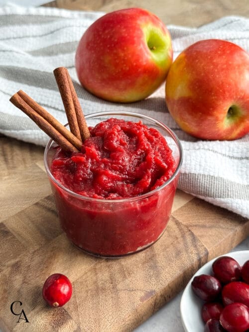 A glass bowl of applesauce with cinnamon and cranberries.