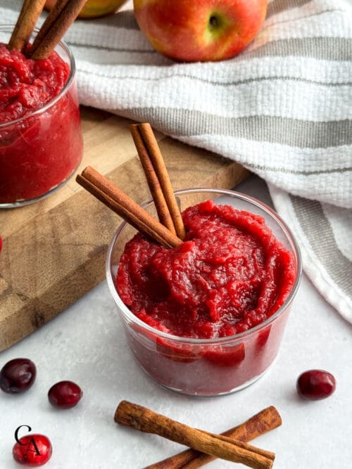 Applesauce with cinnamon and fresh cranberries.