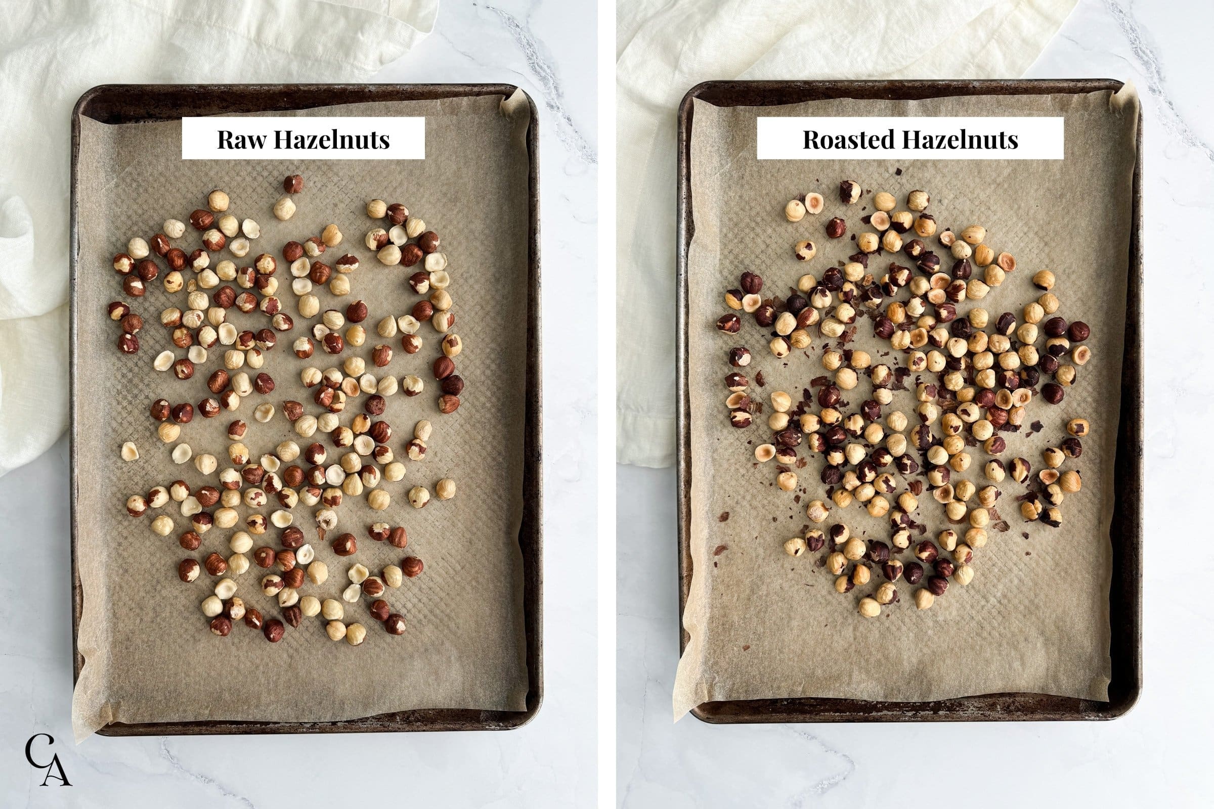 Two parchment-lined baking sheets with nuts.